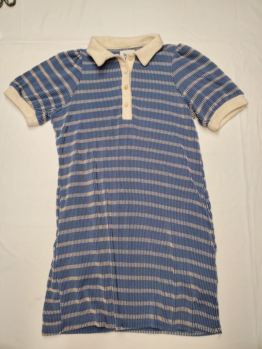 Bucket List Blue Cream Striped Textured Knit Polo Dress Collared Sz Small